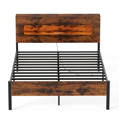 Slatted Full Bed Frame with LED Lights and Storage Headboard No Box Spring Needed-Full Size