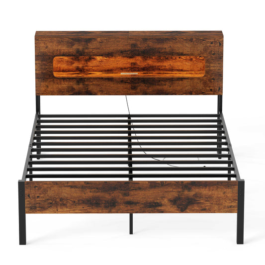 Slatted Full Bed Frame with LED Lights and Storage Headboard No Box Spring Needed-Full Size
