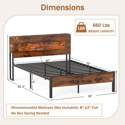 Slatted Full Bed Frame with LED Lights and Storage Headboard No Box Spring Needed-Full Size