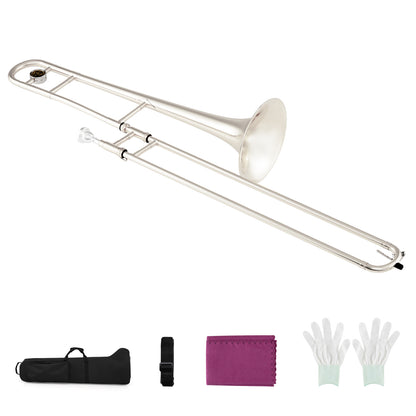 Slide Trombone for Beginners with Portable Case and Shoulder Strap-Silver