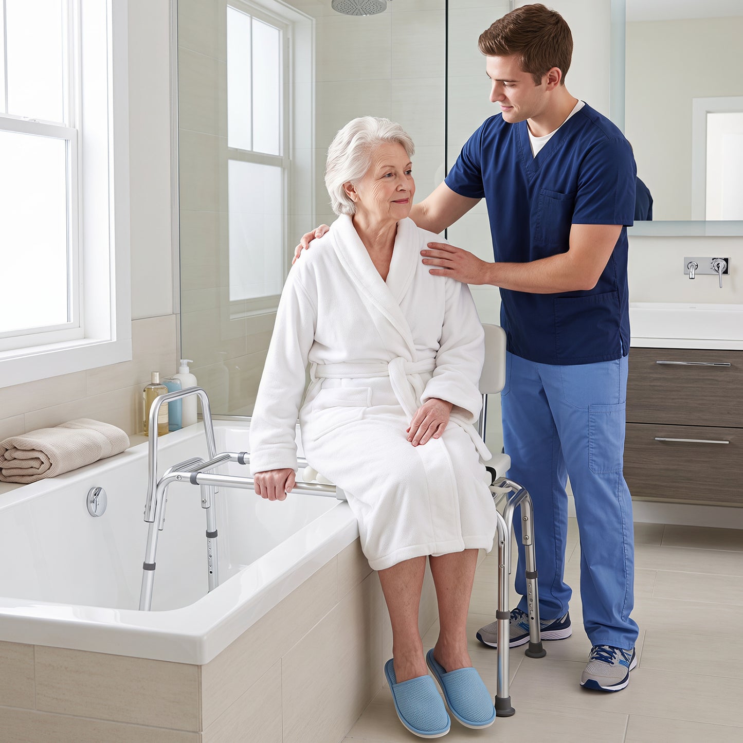 Sliding Tub Transfer Bench  Shower Chair for Disabled and Elderly-White
