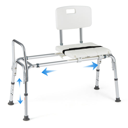 White sliding tub transfer bench by Wilsons Home Store for elderly and disabled bath safety, featuring a sturdy seat and safety rails.