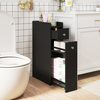 Small Bathroom Storage Cabinet 4-Tier with Slide Out Drawers on Casters-Black