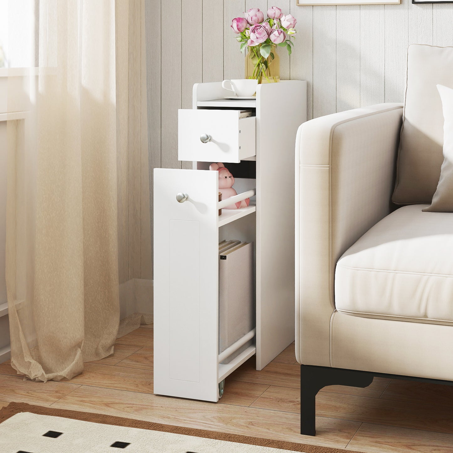 Small Bathroom Storage Cabinet 4-Tier with Slide Out Drawers on Casters-Black