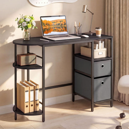 Small Computer Desk with Half-moon Side Shelves and Folding Fabric Drawers-Black