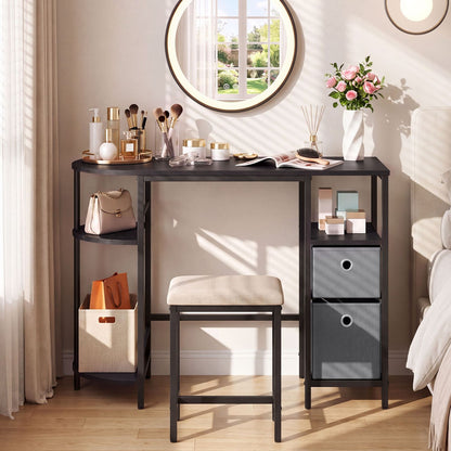 Small Computer Desk with Half-moon Side Shelves and Folding Fabric Drawers-Black