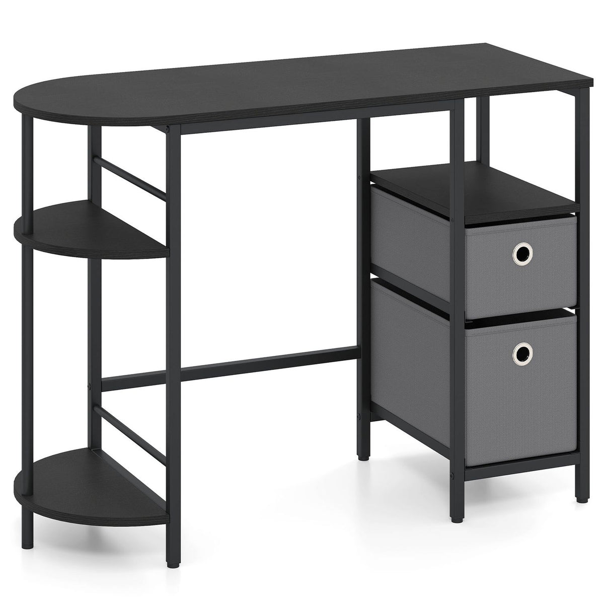 Small Computer Desk with Half-moon Side Shelves and Folding Fabric Drawers-Black