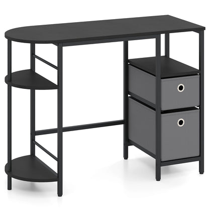 Small Computer Desk with Half-moon Side Shelves and Folding Fabric Drawers-Black