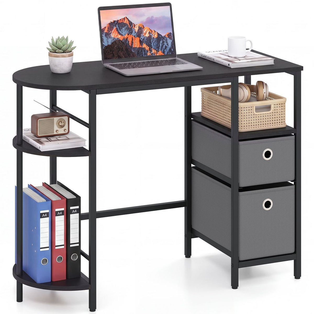 Small Computer Desk with Half-moon Side Shelves and Folding Fabric Drawers-Black