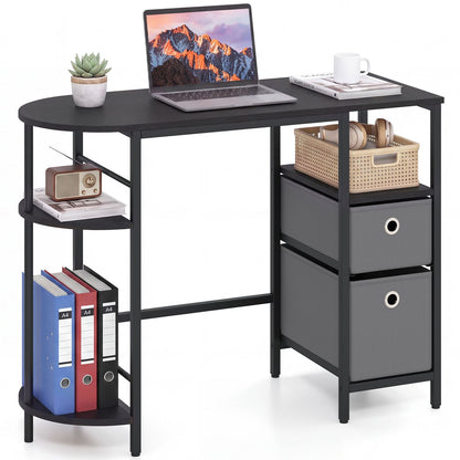 Small Computer Desk with Half-moon Side Shelves and Folding Fabric Drawers-Black