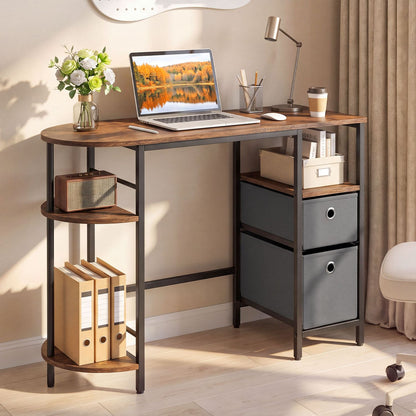 Small Computer Desk with Half-moon Side Shelves and Folding Fabric Drawers-Black