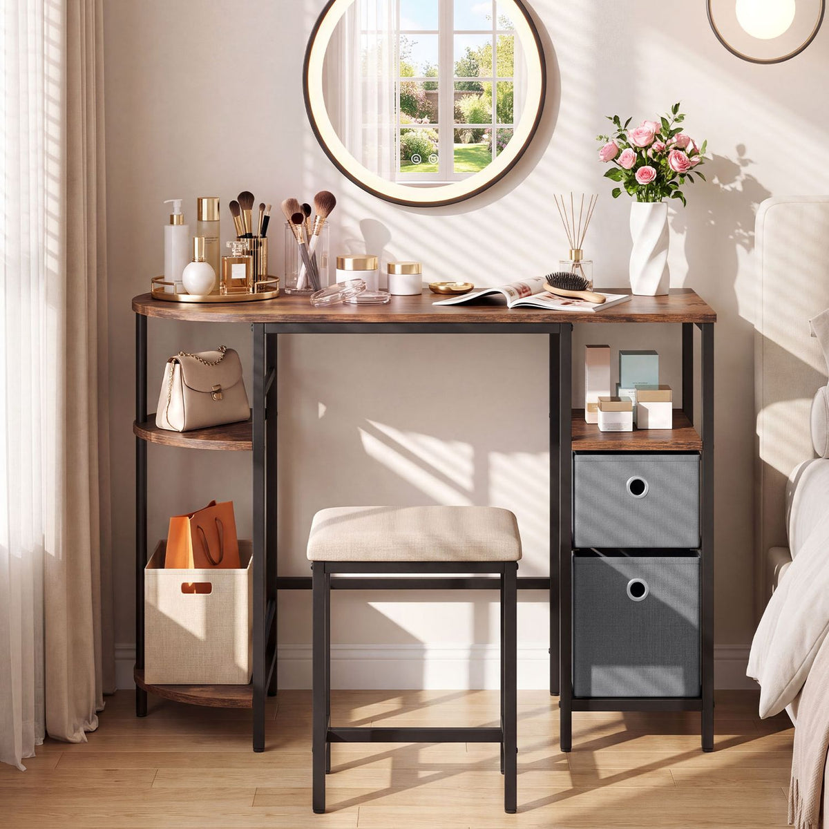 Small Computer Desk with Half-moon Side Shelves and Folding Fabric Drawers-Black