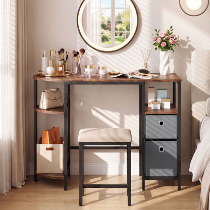 Small Computer Desk with Half-moon Side Shelves and Folding Fabric Drawers-Black