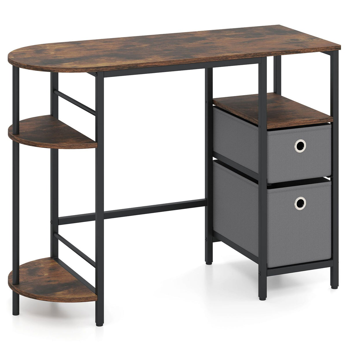 Small Computer Desk with Half-moon Side Shelves and Folding Fabric Drawers-Black