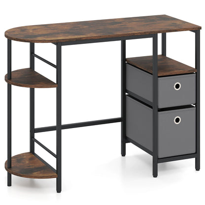 Small Computer Desk with Half-moon Side Shelves and Folding Fabric Drawers-Black