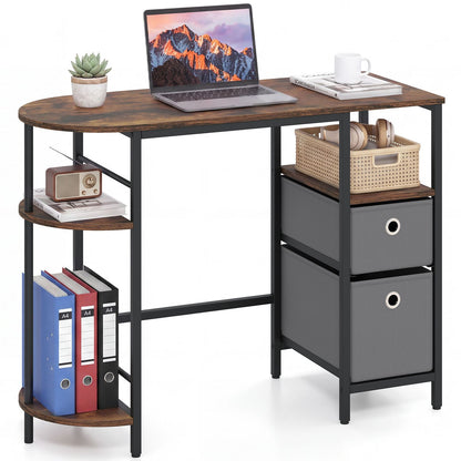 Small Computer Desk with Half-moon Side Shelves and Folding Fabric Drawers-Black
