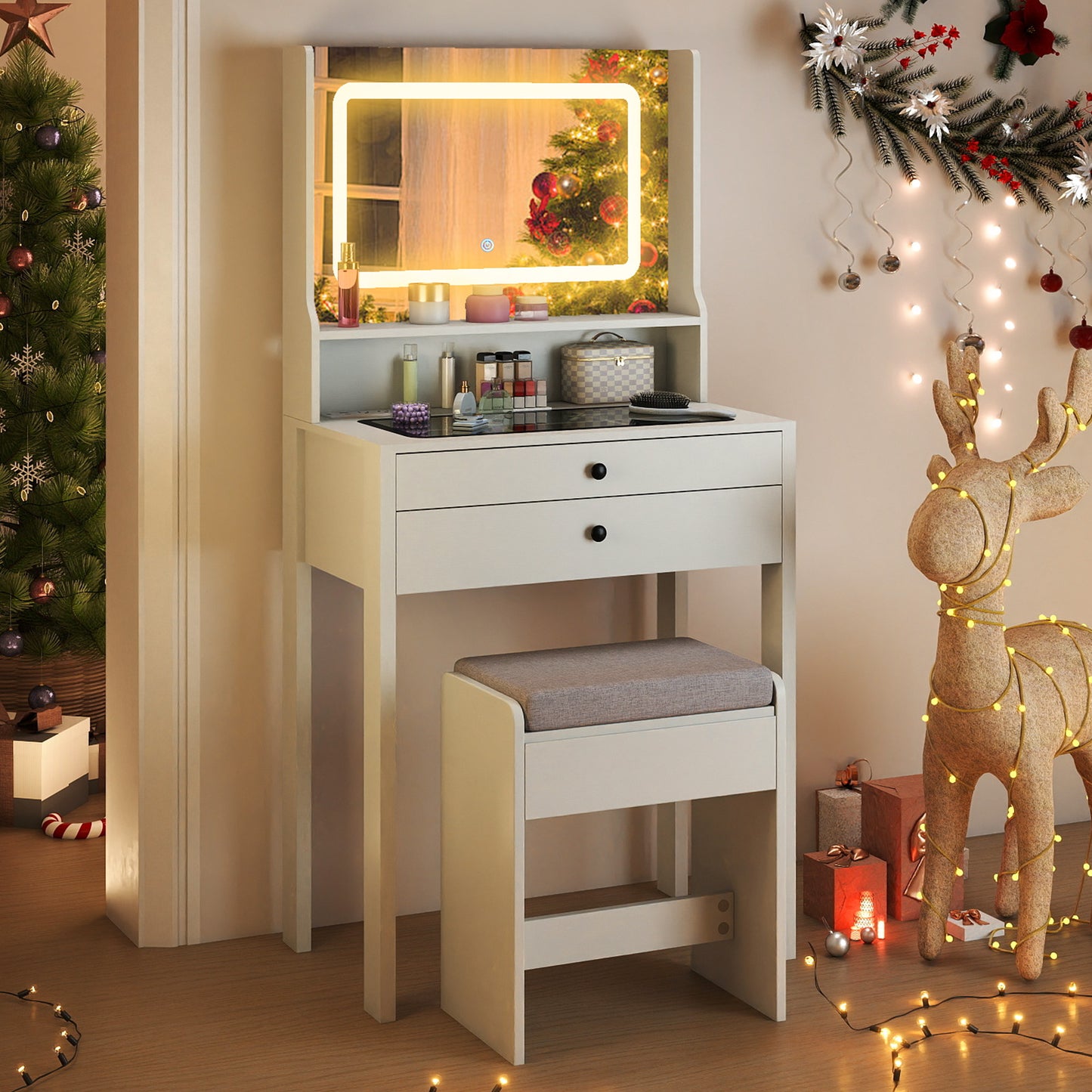 Small Vanity Desk with Mirror and Lights for Bedroom-White