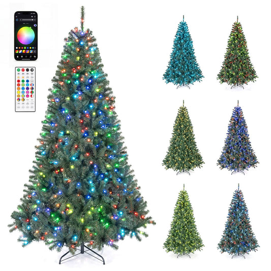 7.5FT Smart Pencil Christmas Tree with RGB lights, remote app control, and music sync, decorated for holiday cheer.