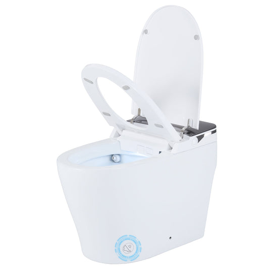 White smart toilet with built-in bidet, ADA height, heated seat, auto flush, and remote control for modern bathroom comfort.