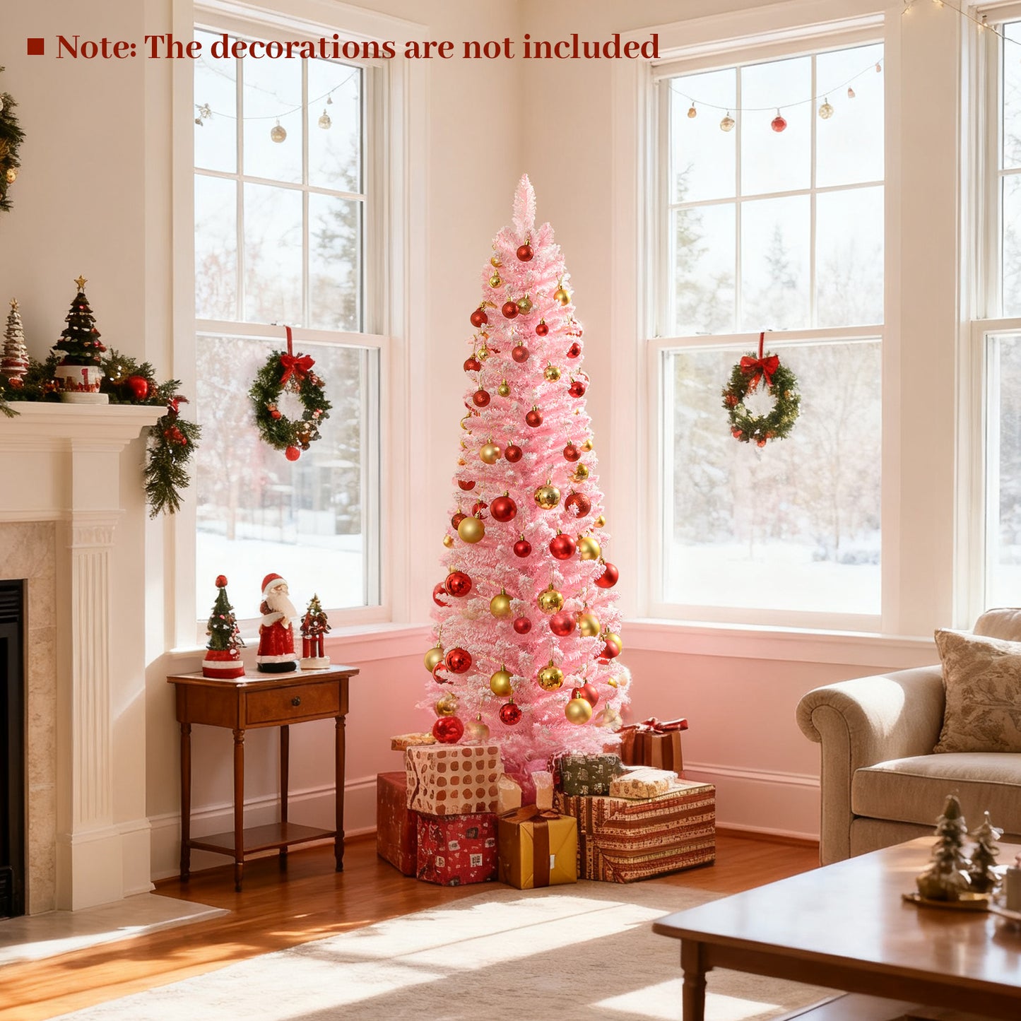 Pink snow-flocked 5 ft artificial Christmas tree with 328 branch tips, perfect for holiday decor and festive decorating.