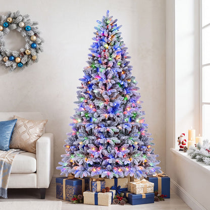 7ft snow-flocked half Christmas tree with branch tips, warm white and multi-color LED lights, ideal holiday decor.
