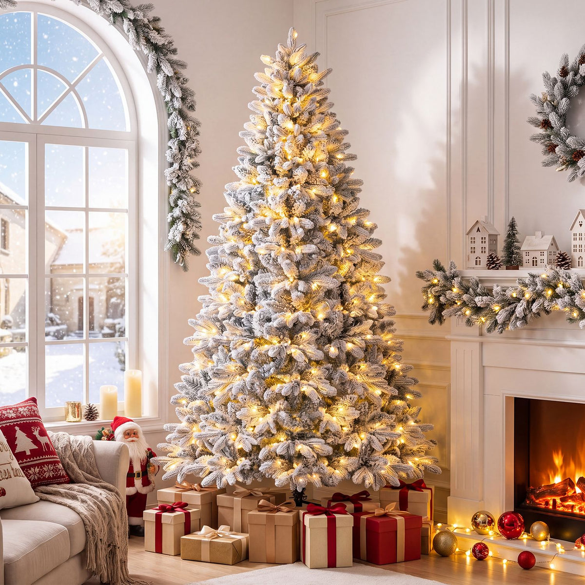 7-foot snow-flocked half Christmas tree with branch tips, warm white and multi-color LED lights, holiday decor by Wilsons Home Store