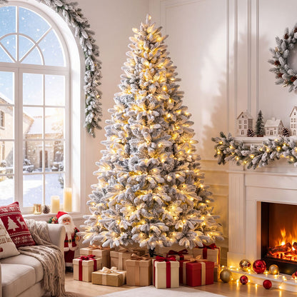 7-foot snow-flocked half Christmas tree with branch tips, warm white and multi-color LED lights, holiday decor by Wilsons Home Store