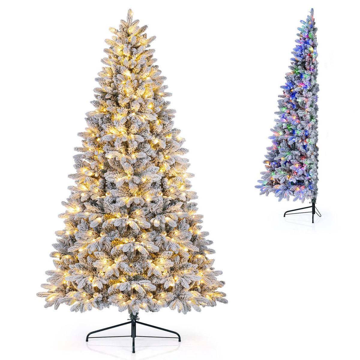 Snow-flocked 7ft half Christmas tree with branch tips, warm white and multi-color LED lights, holiday decor by Wilsons Home Store