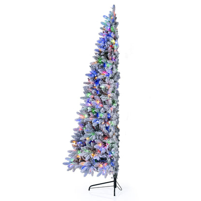 7ft snow-flocked half Christmas tree with branch tips, decorated with warm white and multi-color LED lights, holiday decor by Wilsons Home Store