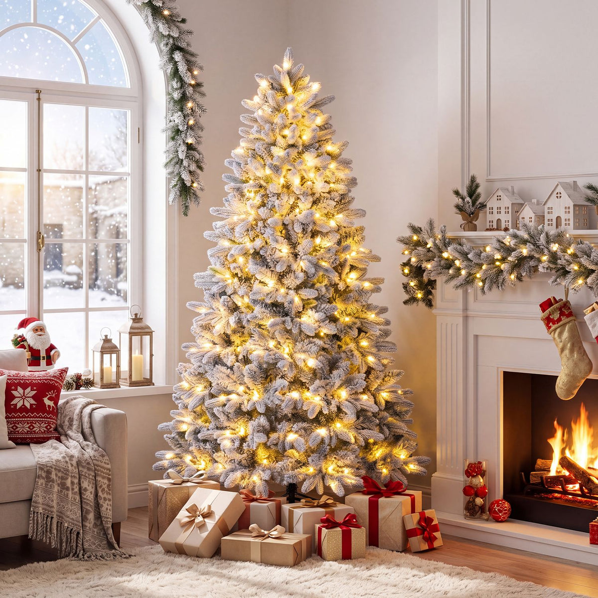 Snow-Flocked Half Christmas Tree with Branch Tips Warm White and Multi-Color LED Lights-6 Feet