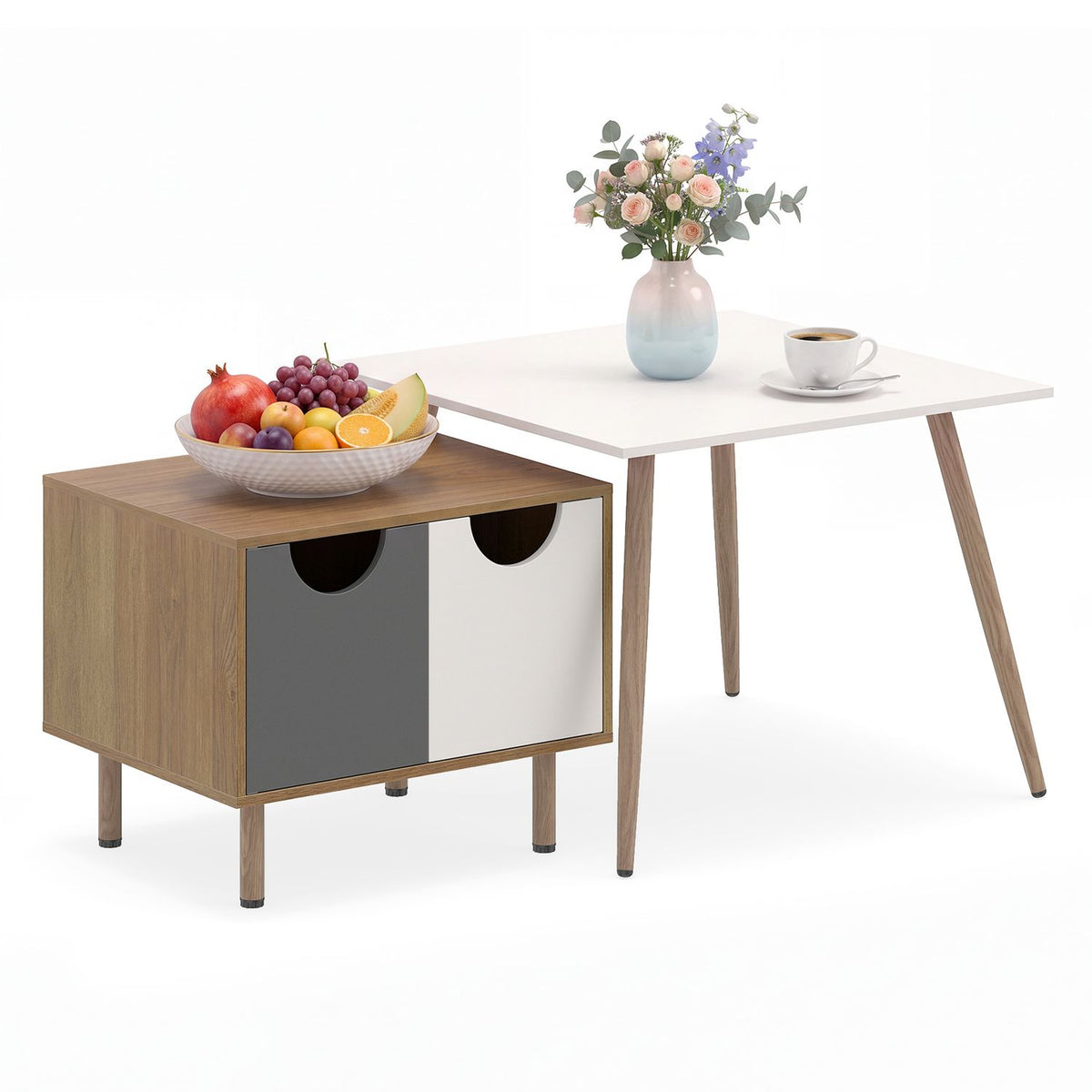 Natural wood sofa side tables with metal legs, ideal for living room decor, featuring a modern design and sturdy construction.