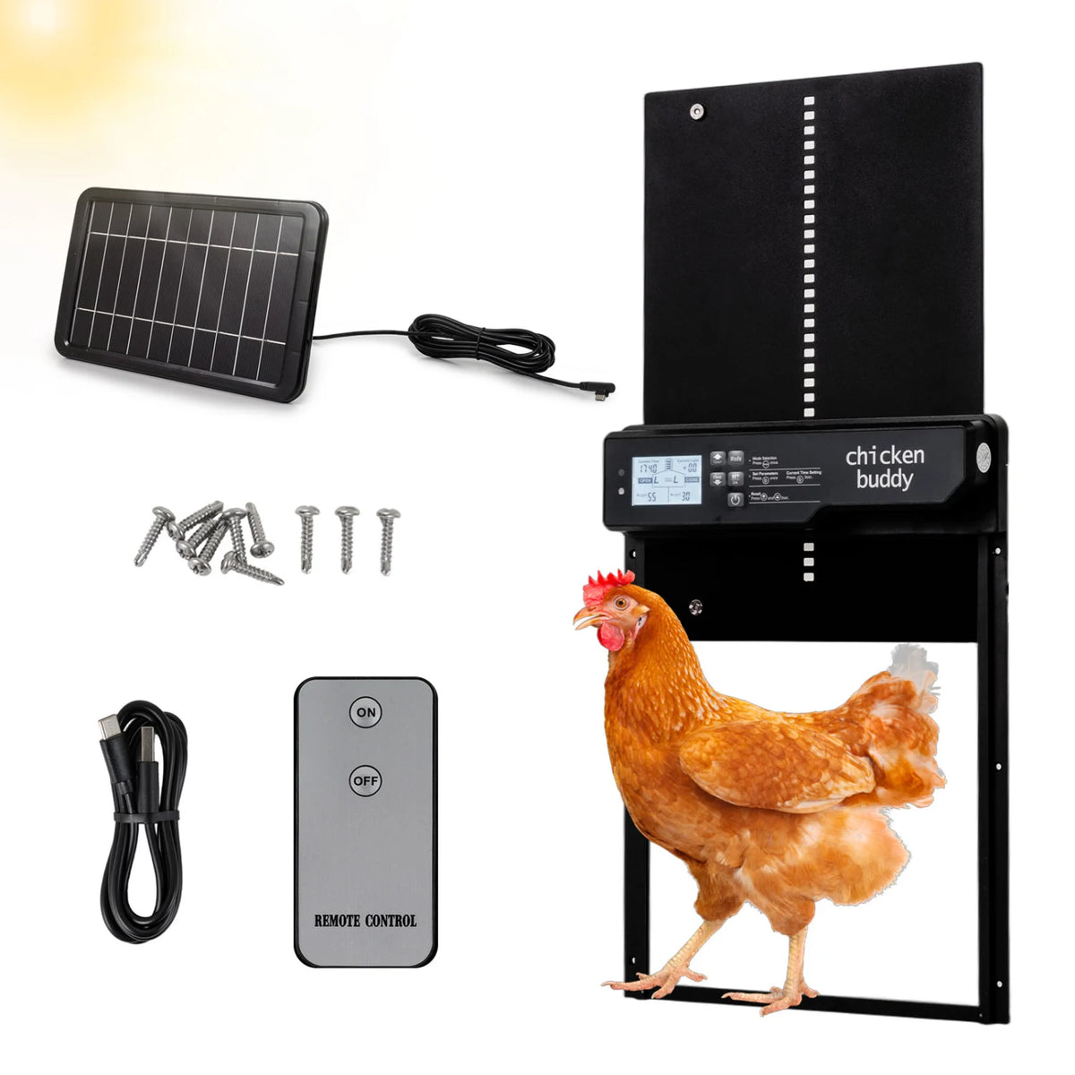 Solar-powered automatic chicken coop door from Wilsons Home Store, designed for easy access and security for chickens.