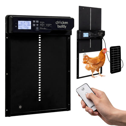 Solar-powered automatic chicken coop door by Wilsons Home Store, showing the sleek outdoor chicken coop with the door mechanism.