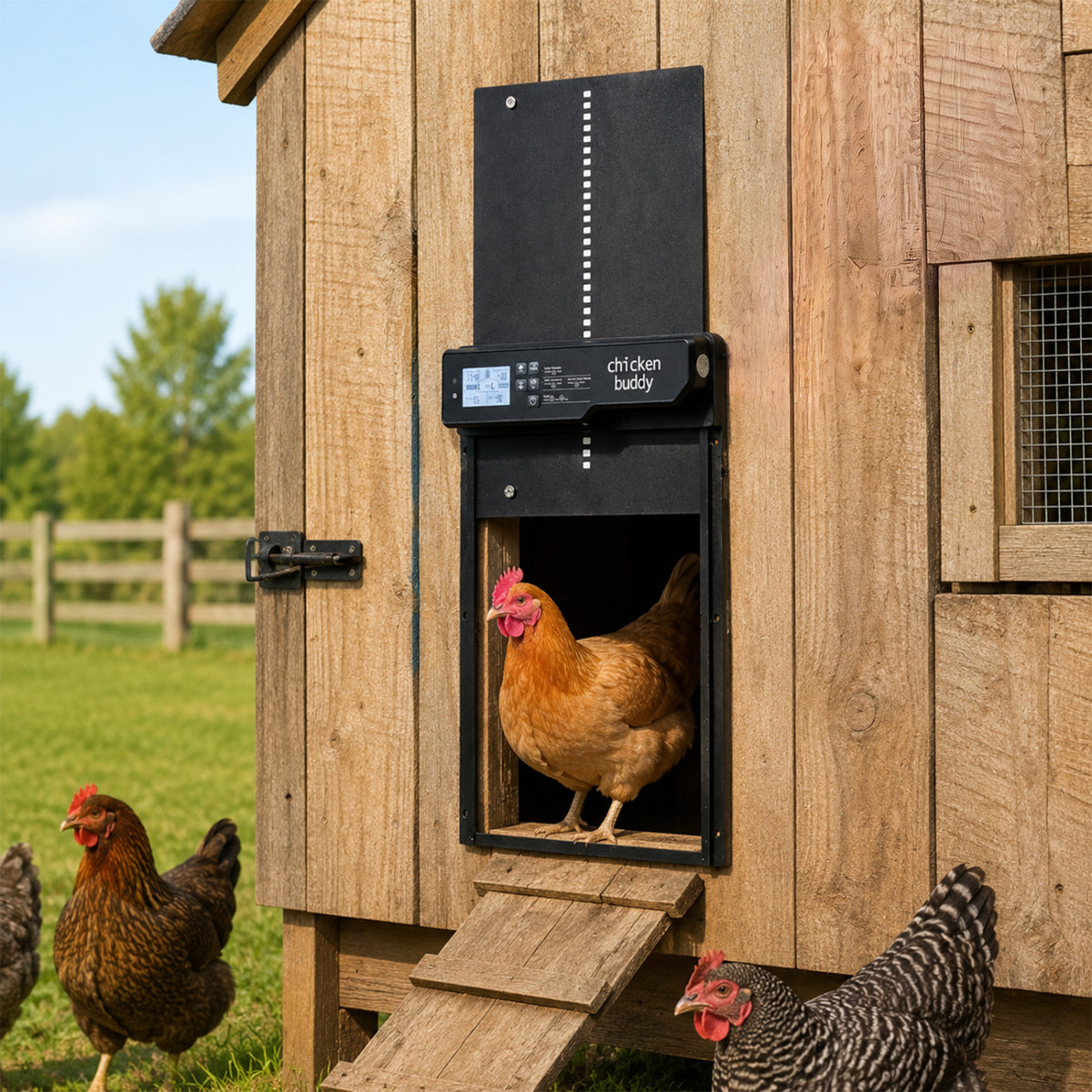 Solar-powered automatic chicken coop door by Wilsons Home Store, showing the sleek, eco-friendly door for poultry access.