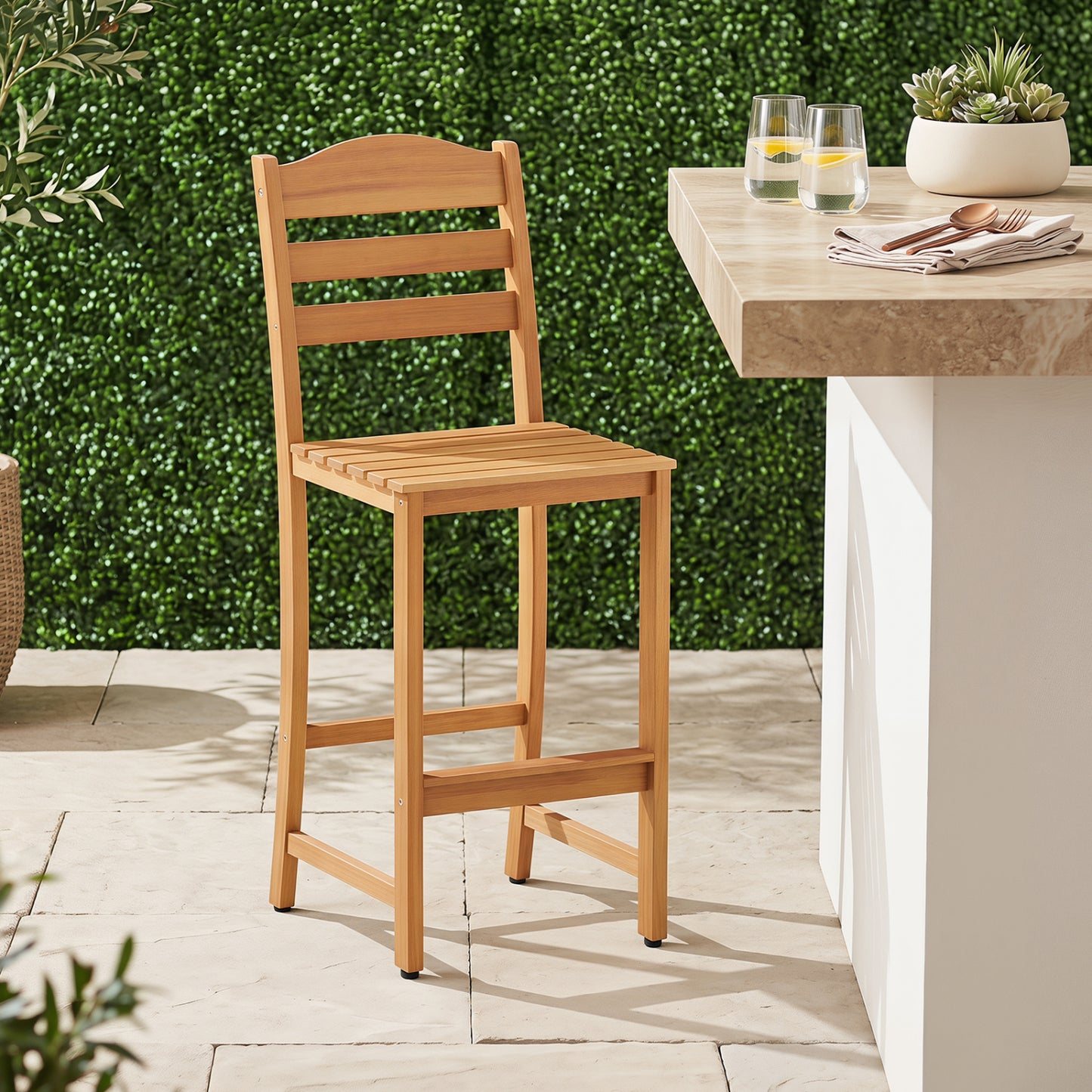 Solid acacia wood outdoor bar stools with heavy-duty construction and 400 lbs max load, ideal for patio bar furniture.
