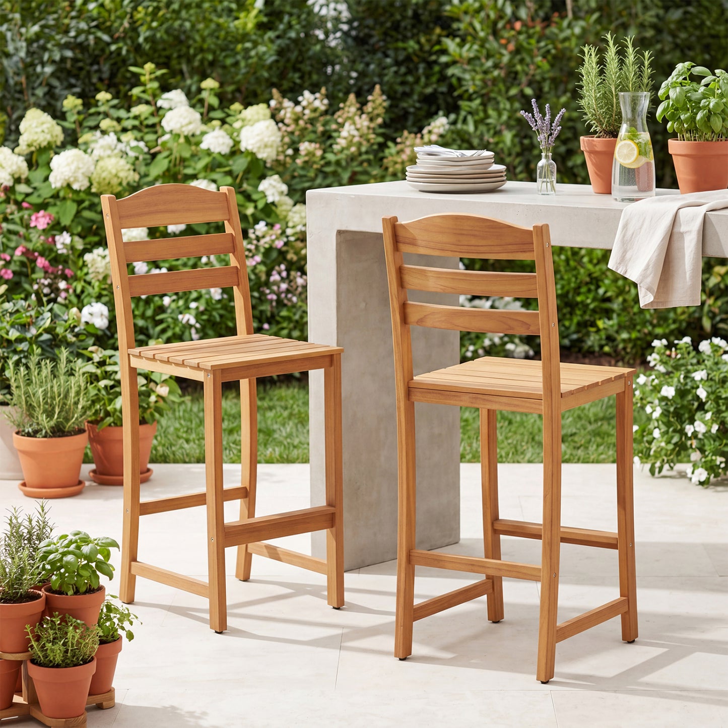 Solid acacia wood outdoor bar stools with heavy-duty construction and 400 lbs max load, ideal for patio bar furniture.