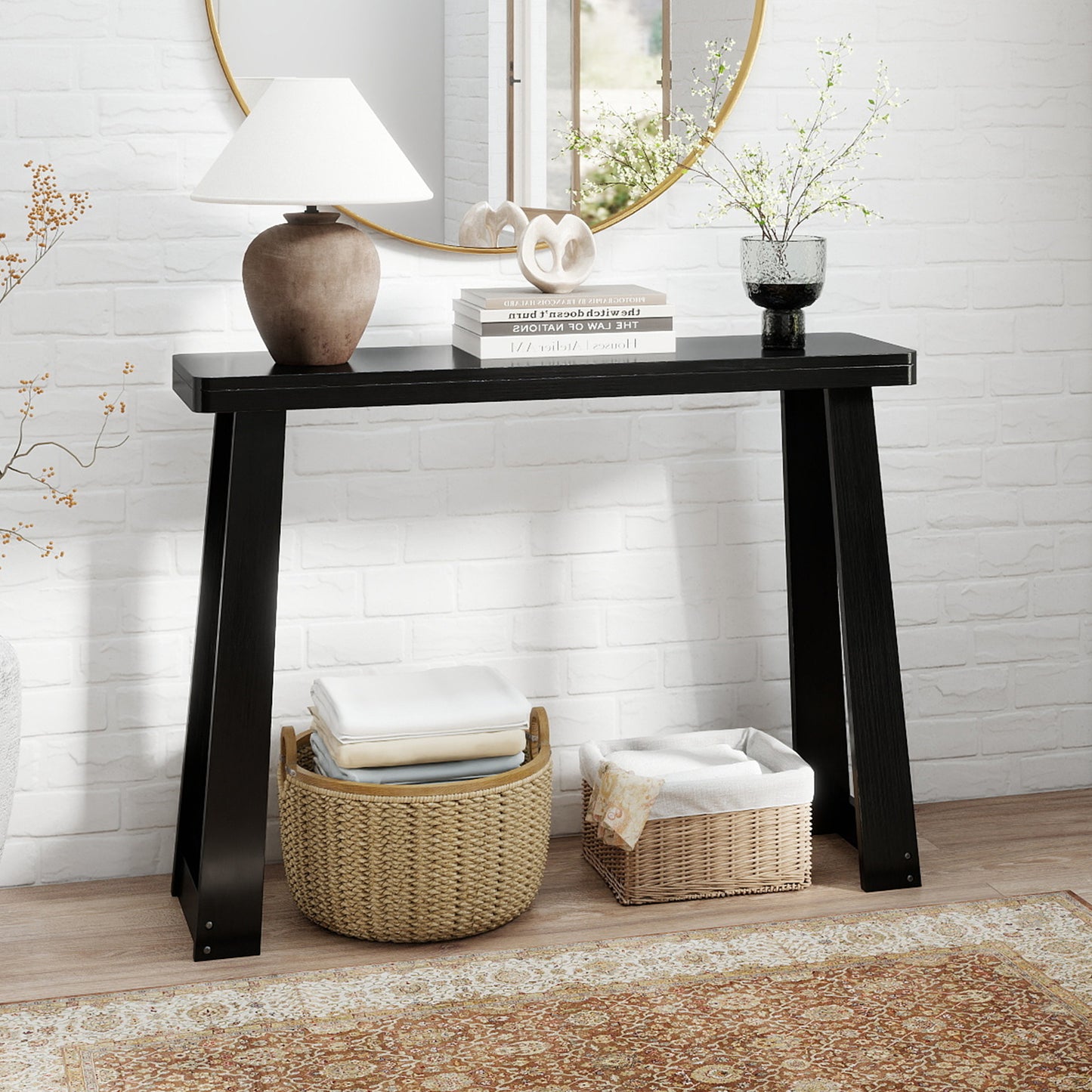 Solid Rubber Wood Console Table 43inch Narrow Entryway Table with Thick Tabletop and Stable Base-Black