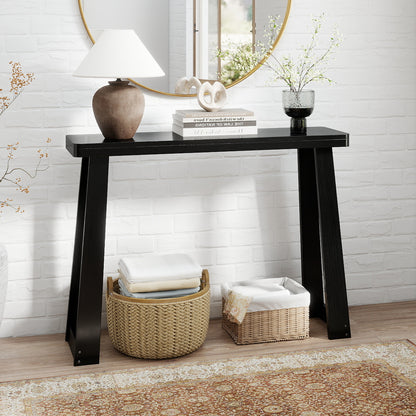 Solid Rubber Wood Console Table 43inch Narrow Entryway Table with Thick Tabletop and Stable Base-Black