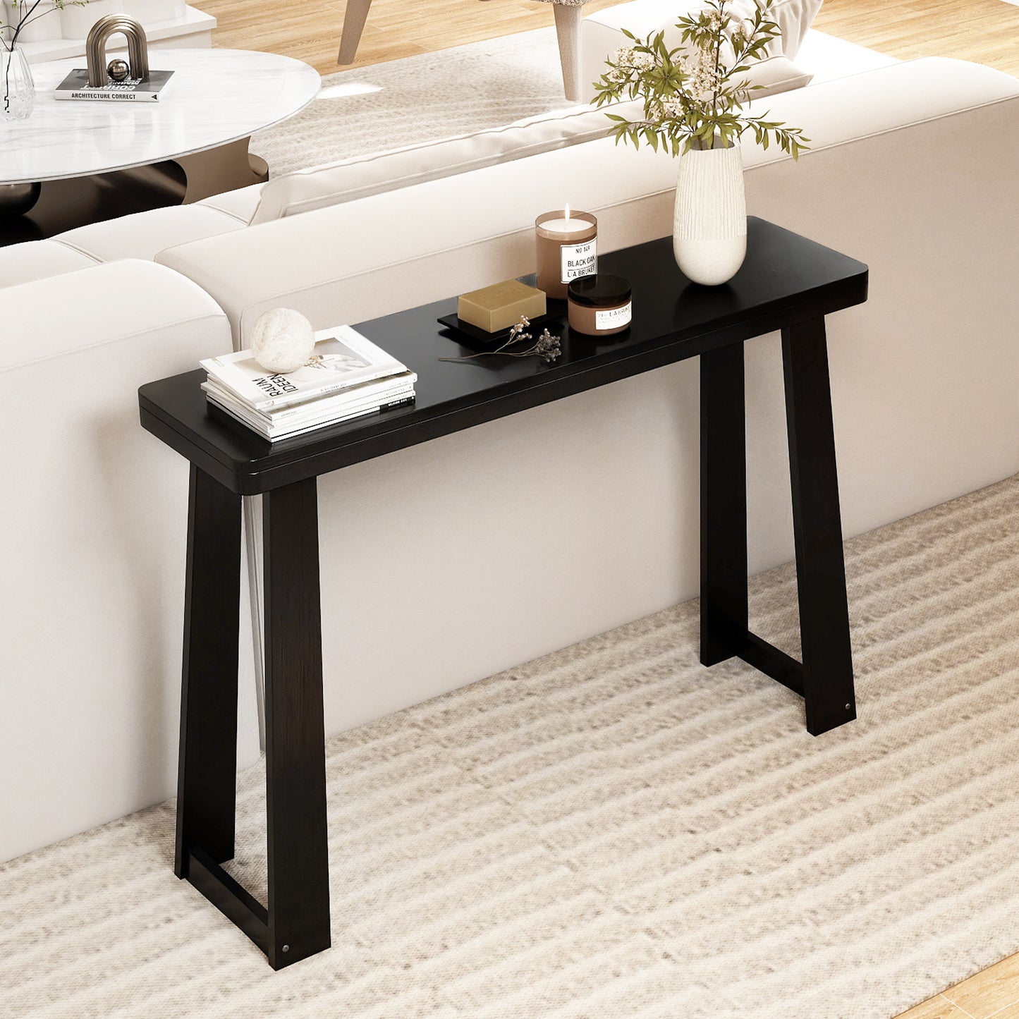Solid Rubber Wood Console Table 43inch Narrow Entryway Table with Thick Tabletop and Stable Base-Black