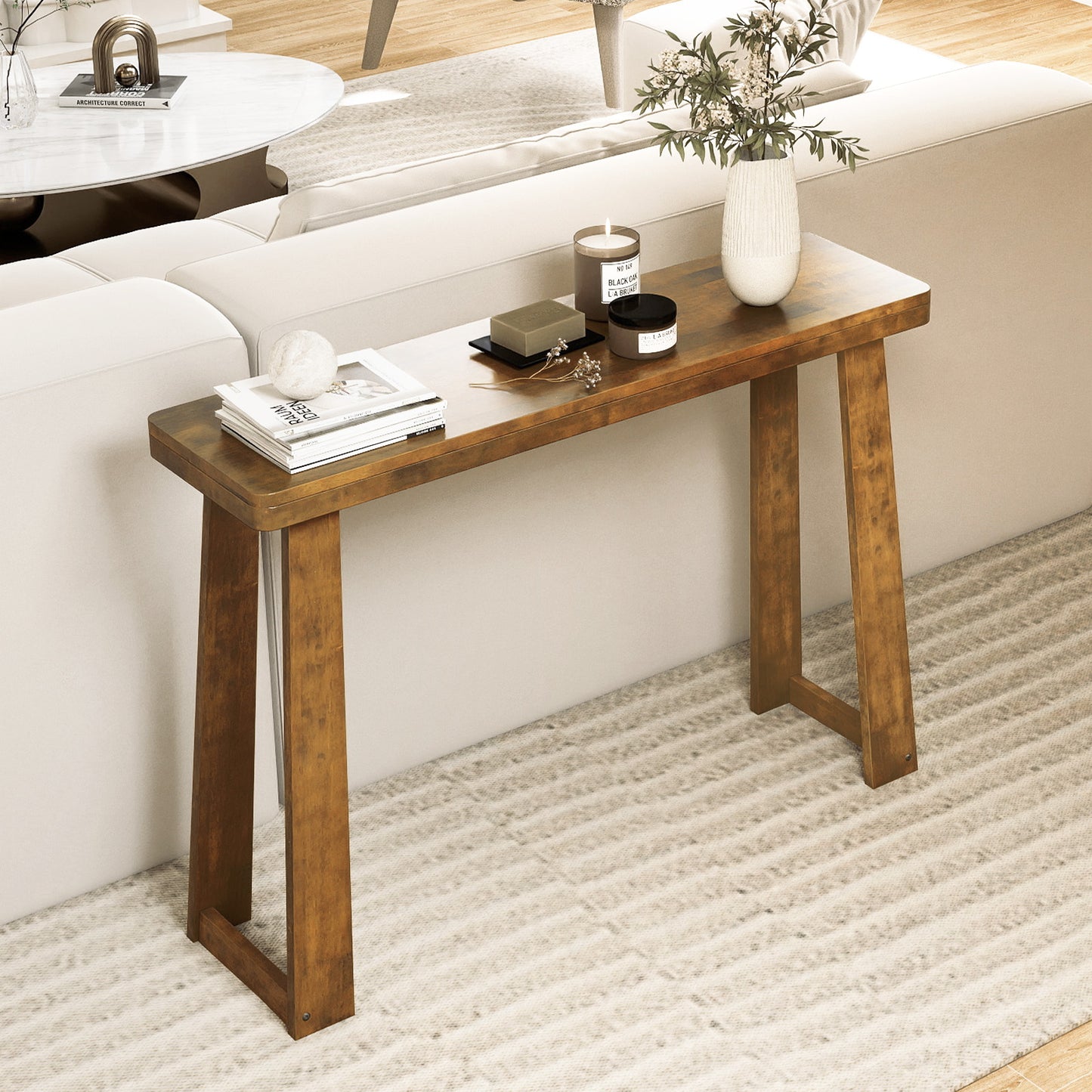 Solid Rubber Wood Console Table 43inch Narrow Entryway Table with Thick Tabletop and Stable Base-Black