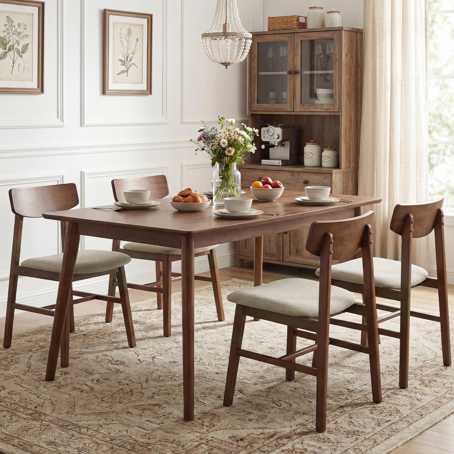 Solid Rubber Wood Dining Chairs Set of 4 with Curved Backrest-Walnut