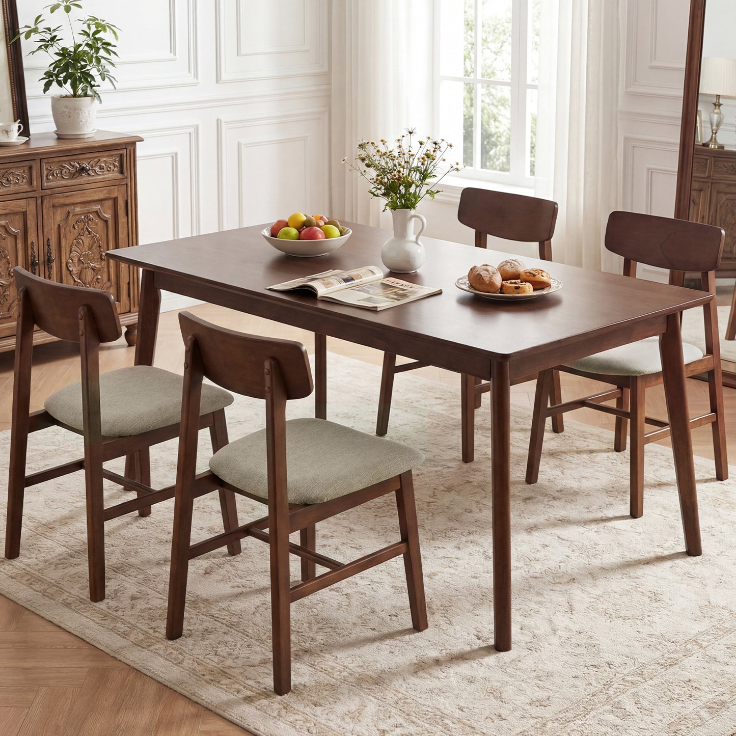 Solid Rubber Wood Dining Chairs Set of 4 with Curved Backrest-Walnut