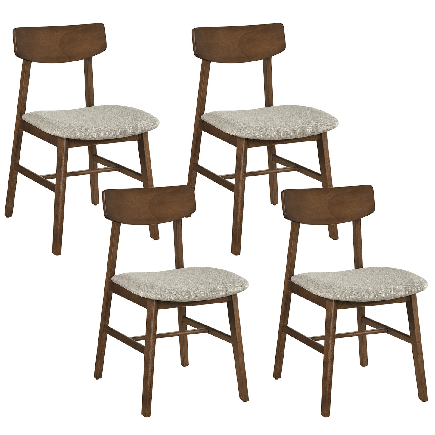 Solid Rubber Wood Dining Chairs Set of 4 with Curved Backrest-Walnut