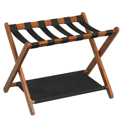 Solid Rubberwood Folding Luggage Rack with Nylon Shelves-Brown