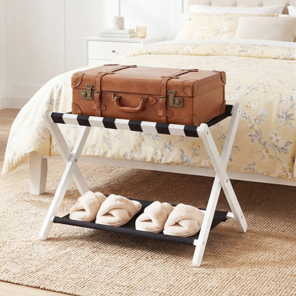Solid Rubberwood Folding Luggage Rack with Nylon Shelves-Brown