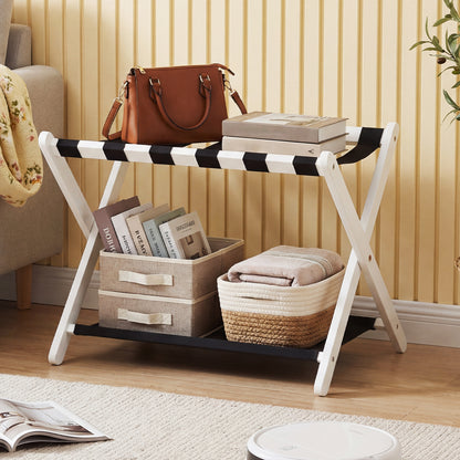 Solid Rubberwood Folding Luggage Rack with Nylon Shelves-Brown