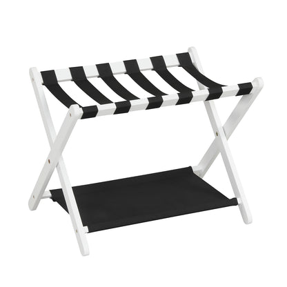 Solid Rubberwood Folding Luggage Rack with Nylon Shelves-Brown