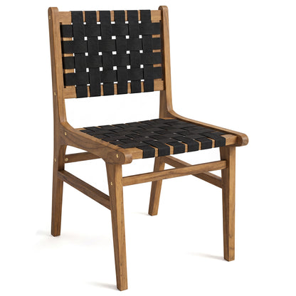 Solid teak outdoor dining chair with hand-woven strap design and flex support, ideal for garden or deck seating.