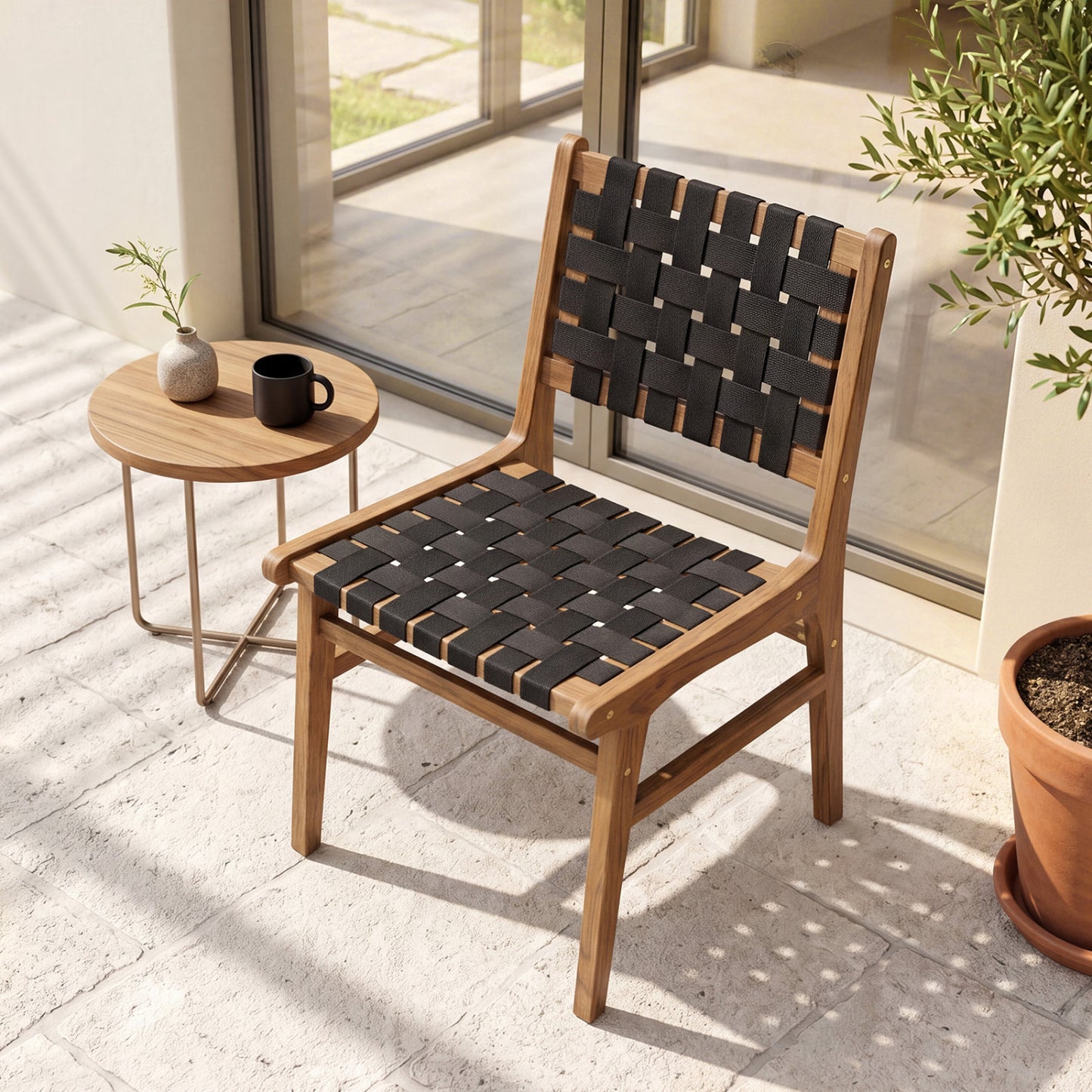 Solid teak hand-woven strap outdoor dining chair with flex support, ideal for garden or deck patio seating.