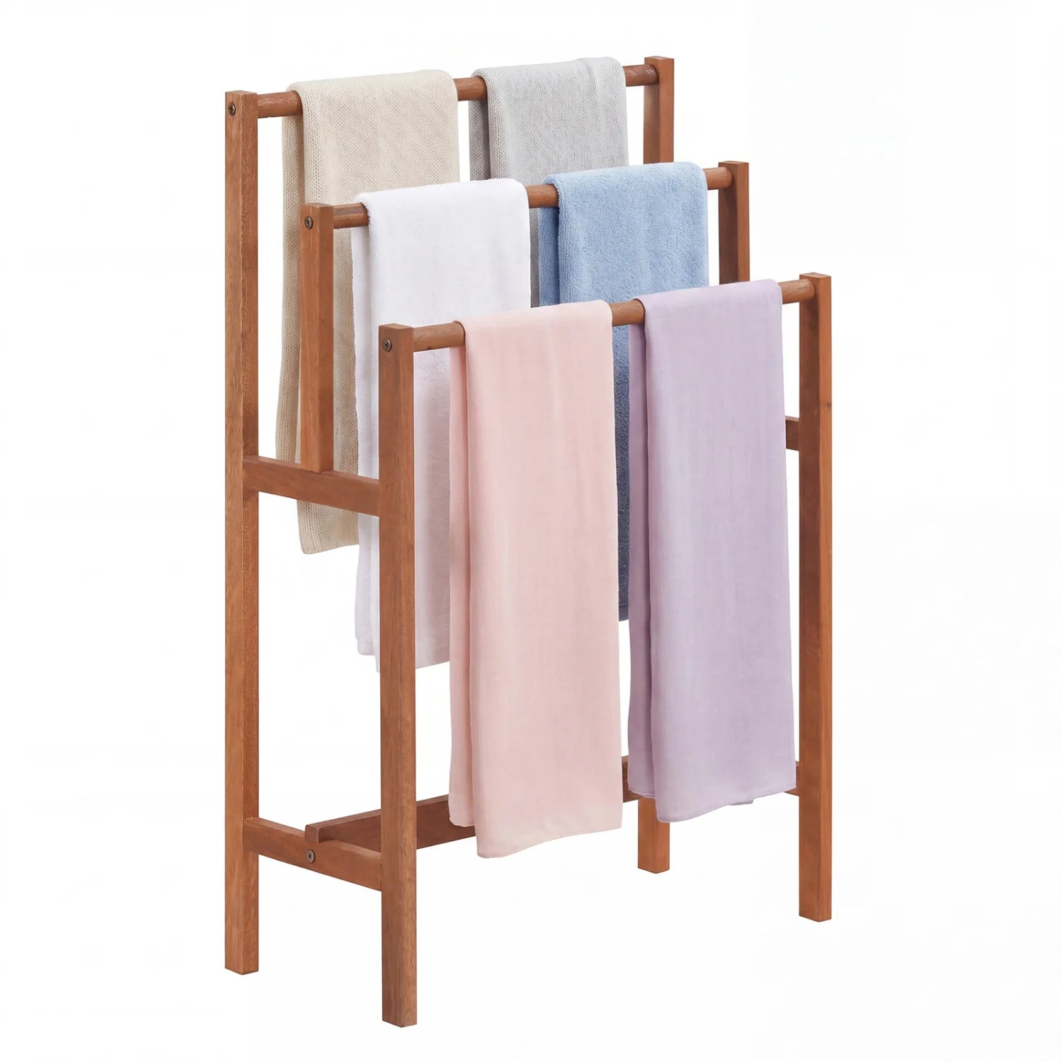 Solid wood 3-tier freestanding towel rack with teak oil finish, ideal for bathroom use, featuring natural wood grain and sturdy design.